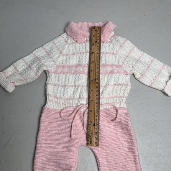 Vintage Pink White Knit Baby Sleeper Footed Zip Front Long Sleeve NO SIZE TAG - Picture 11 of 11